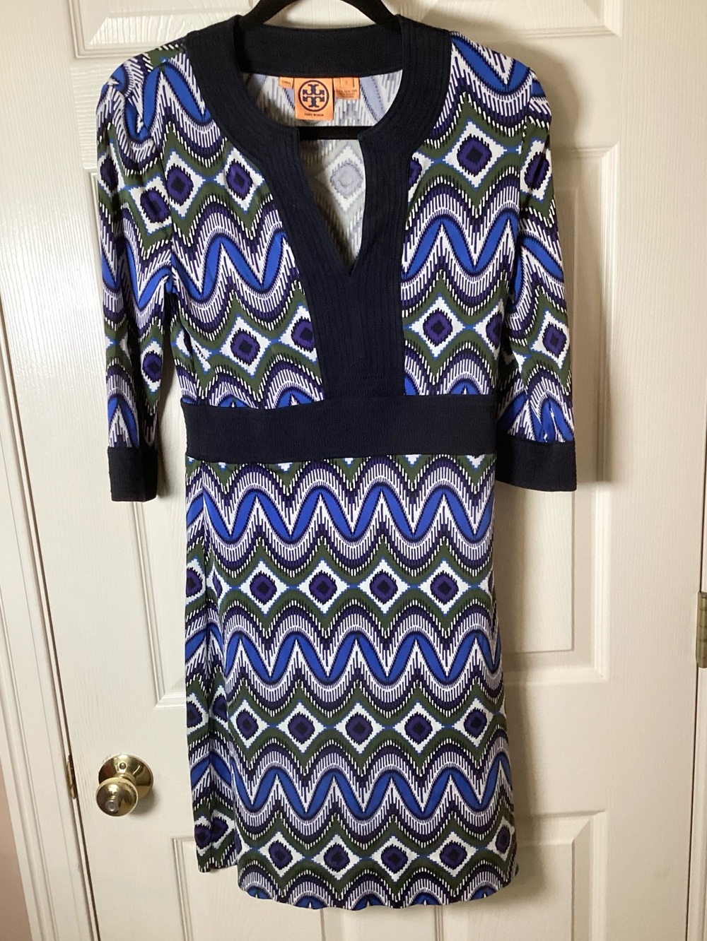 Tory Burch Blue & Green Geometric Silk Midi Dress with Black Trim - Size S